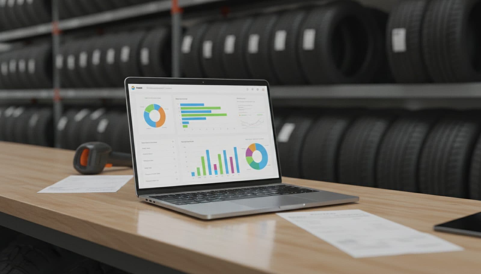 The TireServ reporting dashboard open on a laptop