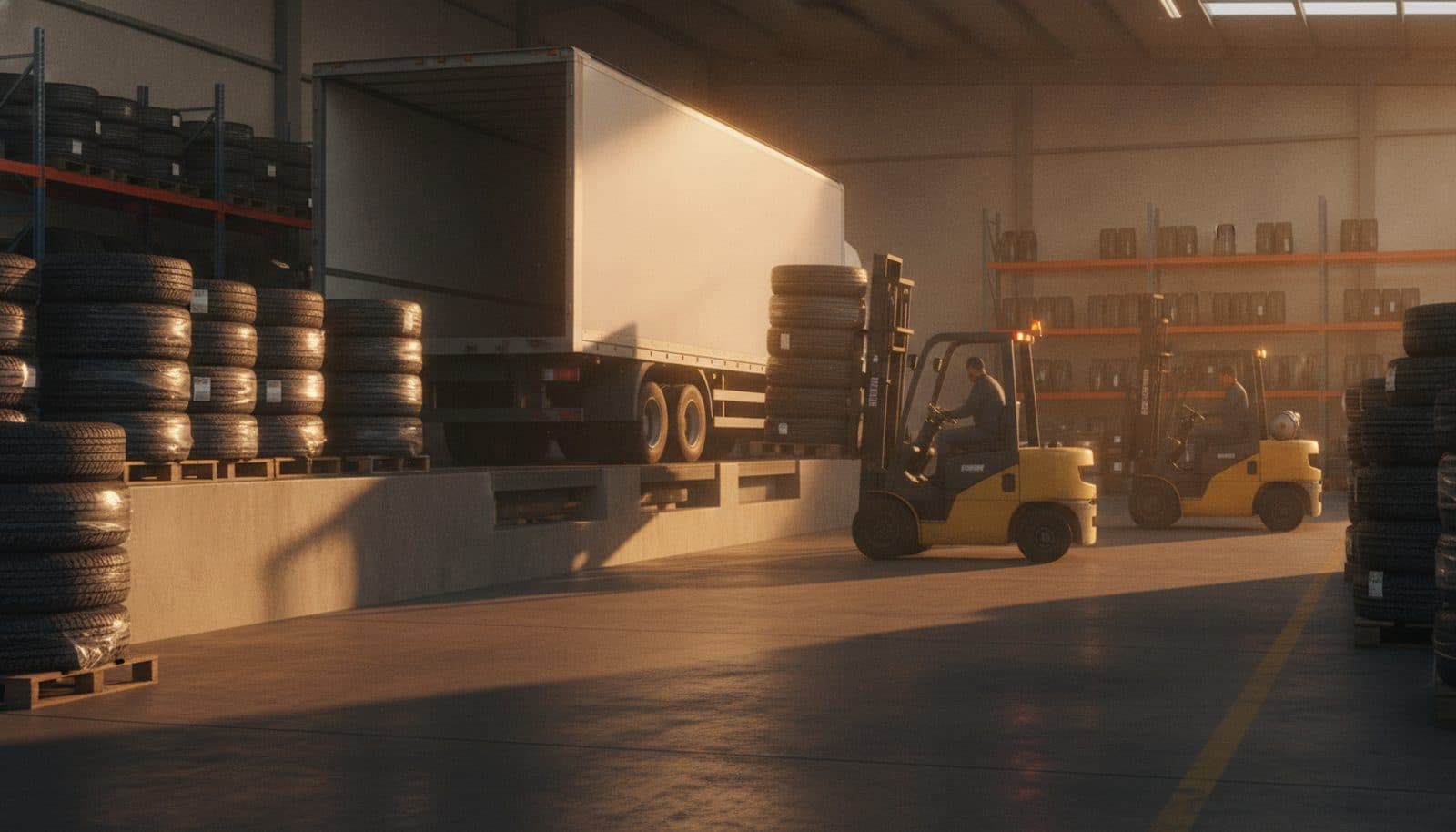 Tires staged for outbound shipment on a distribution loading dock